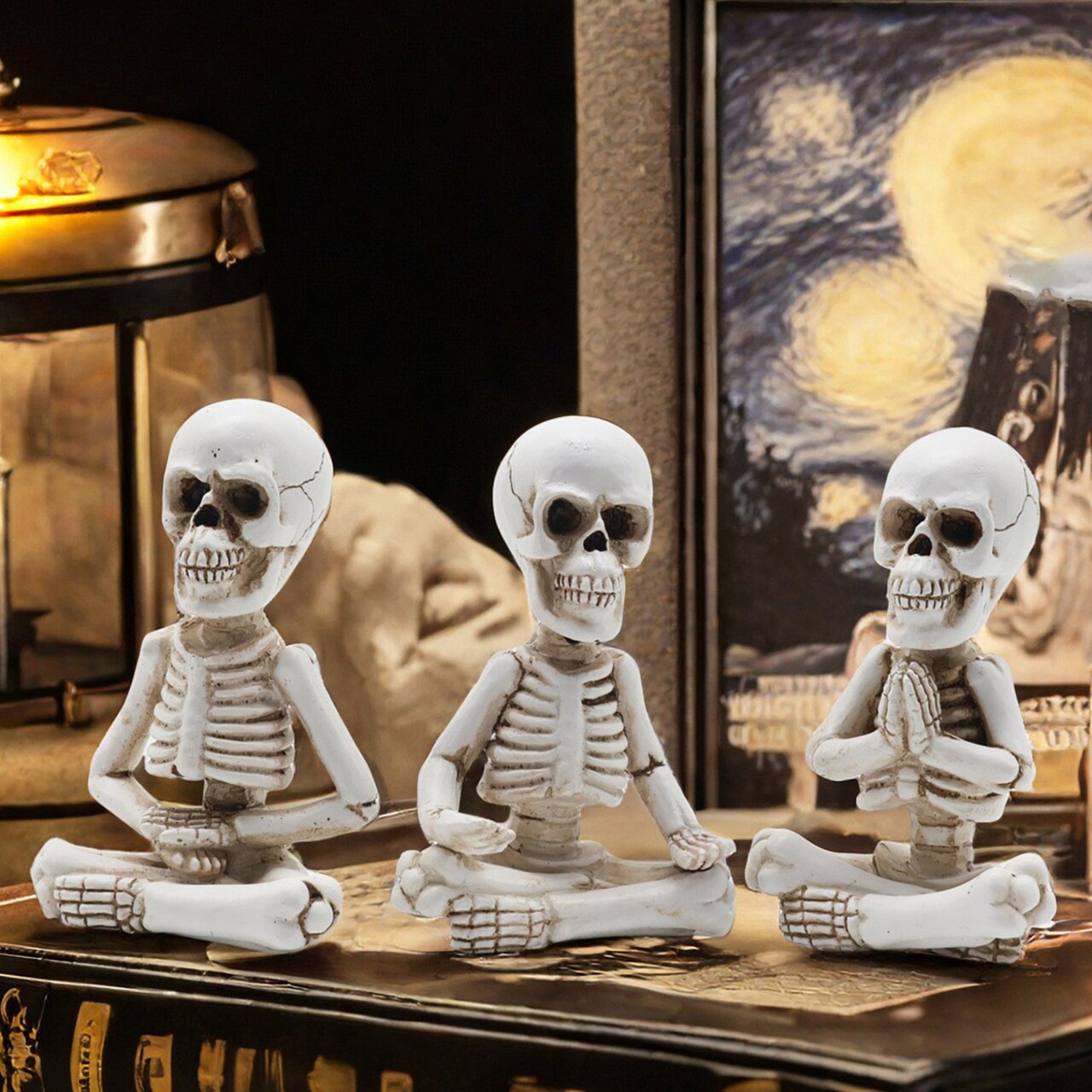 3Pcs Halloween Yoga Skeleton Figurine Sitting Prayer Skeleton Resin Statue Sculpture Office Desktop Meditation